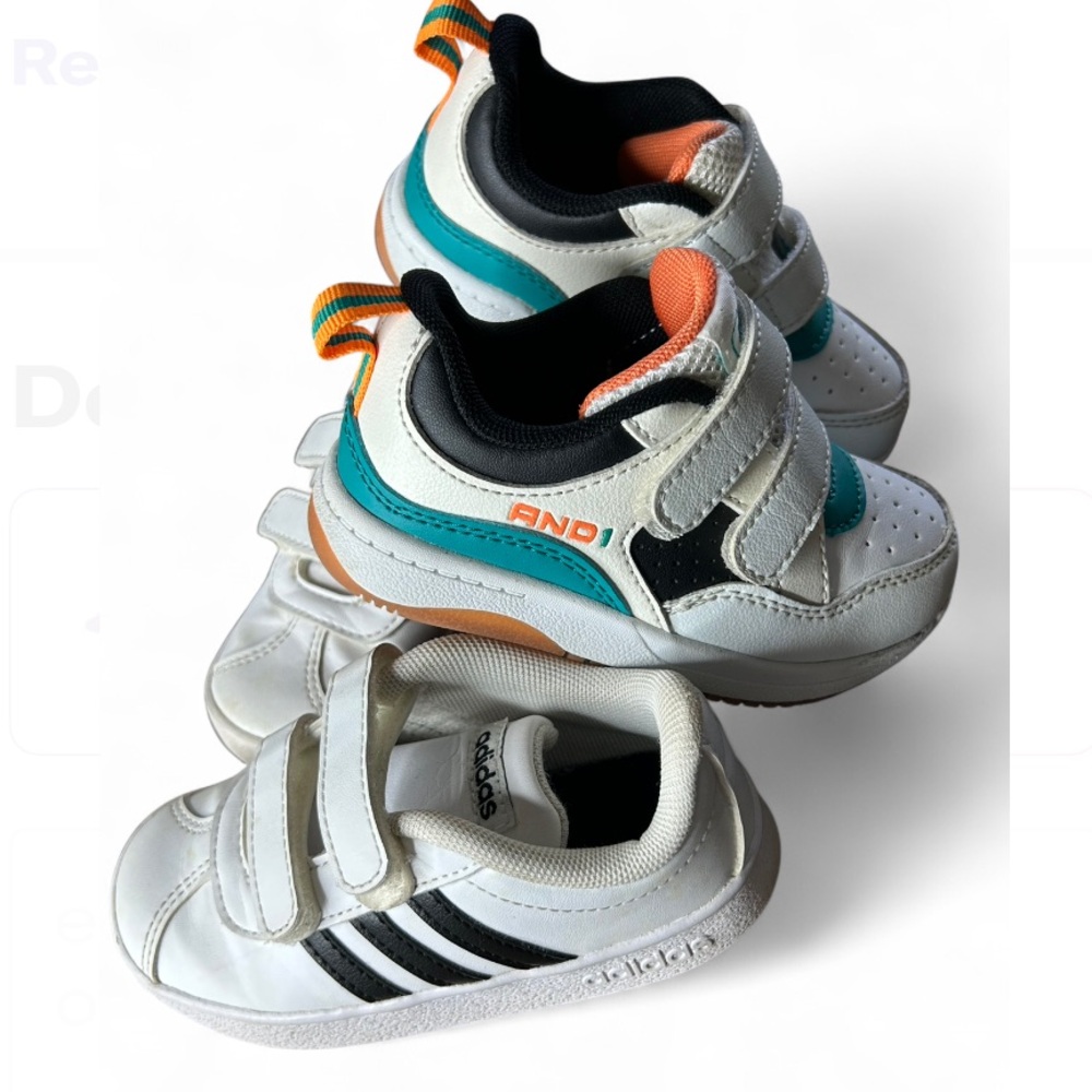AND 1 / adidas Boys White Blue Orange Sneakers Easy Hook Loop Closure Size 7.